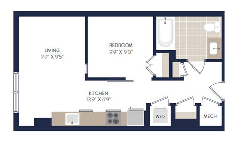 Floor plan for 1 bed, 1 bath, 465 sqft